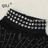Casual jurken QILI-dames mouwloze doorzichtige zwarte mini-jurk diamanten mesh opstaande hals strass sexy club korte bodycon