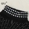 Vestidos casuais qili-mulheres sem mangas ver através de mini vestido preto diamantes malha suporte pescoço strass sexy clube curto bodycon