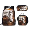 Sacos escolares Animal Preto Cavalo Branco 3 Pçs/set Mochila Impressão 3D Bolsa Estudante Meninos Meninas Livro Laptop Daypack Almoço Lápis