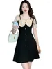 Vestidos de fiesta Summer negro Patchwork Mesh Bow Puff manga Mini Vestido Mujeres Corea Corea