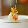Chains Classical Carp Lotus Flower Necklace Vintage Clavicle Chain Classic Style Natural Hetian White Jade Circular Pendant Jewelry