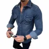 Camicie di jeans aderenti slim fit Fi Handsome Lg Sleeve Jeans Jacket o Men Soft Solid Due tasche Slim Elastic Shirts g2TE #