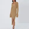 Y2K Clothe Maxi Sticked Sweater Dress Lady Elegant sväng ner krage midi split Slim Long Sleeve Bodycon 2023 240315