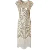 Casual Dresses O Neck Sleeveless Tassel Sequin Dress for Women Vintage Elegant Party Banket Hög midja Medium Längd Sommar 2024