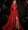 Lindo vermelho formal vestidos de noite aline manga longa rendas apliques vestido no tapete vermelho encantador dubai faixa fenda lateral 2018 baile dre7679019