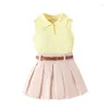 Clothing Sets Toddler Baby Girl Summer Turn-down Collar Vest Pleated Skirt Belt Outfit Clothes Elastic Pullover Set