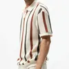 Men's T-Shirts Summer Breathable Knitted Mens T-shirt with Vintage Stripe Print Knitted Beach Polo Shirt with Flaps Short Sleeve 240327