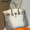 Handbag Genuine Leather Bk Luxurys 2024 C-class Women's Made of French Himalayan Crocodile Skin Handmade Bk25cm Silver Button