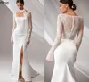 Simple Boho Lace Mermaid Wedding Dresses Vintate Square Neck Long Sleeves Chic Bridal Gowns Sweep Train Sexy Split Back Buttons Modern Bride Robes de Mariee CL3425