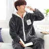 Men's Sleepwear Padded Hooded Loungewear Warm Flannel Cotton Jacket 2024 Men Pajamas Autumn Winter Coral Velvet Homewear Suit