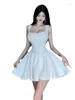 Swobodne sukienki Womengaga moda słodka mini sukienka delikatna uliczna biała bez rękawów prosta elastyczna kaset niska klatka piersiowa seksowne eleganckie kobiety u5pd