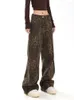 Jeans da donna con stampa leopardata retrò americana per il design autunnale, tendenza dei pantaloni casual da lavoro a tubo dritto di nicchia