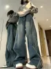 Y2k vintage hög midja streetwear stil blå jeans byxor koreanska mode kvinnors brett ben randig denim byxor kvinnliga kläder 240314