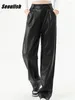 Calças femininas seulish outono inverno pu shorts de couro 2024 preto cintura alta perna larga comprimento total solto calças femininas