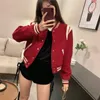 Streetwear Red Bomber Jacket Women Sweatshirt Baseball Jersey Stand Collar Coat Loose Outerwear Long Sleeve Harajuku Crop Top 240319