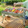 Grills Barbecue à charbon de bois en acier inoxydable, poêle pliable pour Camping en plein air, randonnée pique-nique, outils de cuisine avec filet de BBQ