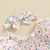 Kledingsets Pudcoco Baby Meisjes 2-delige lente-outfits Korte mouw Bloemenprint Gesmokte Romper Hoofdband Set Geboren kleding