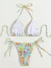 Costumi da bagno da donna Costumi da bagno in due pezzi Bikini a pieghe floreali Set 2024 Estate Push-up Halter Neck Reggiseno Tie Up Perizoma brasiliano Biquinis