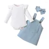 Ensembles de vêtements Spring Baby Girl Vêtements Set Fashion Born Infant Solide Couleur Solide Romper Robe globale Bandeau 3pcs pour les tenues en bas âge