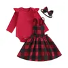 Kledingsets Baby Meisje Kerst Outfit 0 3 6 9 12 18 24 Maanden Ruche Romper Plaid Overall Rok Jurk hoofdband Kleding Set