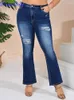 Kvinnors jeans denimcolab 2024 Plus Size Strecth Fashion Ripped High midje denim Boot Cut Pants Ladies Streetwear Hole