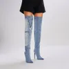 2023 Femmes Dames En Cuir Véritable Talons Hauts Pillage Bouton À Bout Cowboy Bottes Longues Mariage Denim Jeans Robe Gladiateur Casual Les poches de passerelle Chaussures zippées Taille 34-43