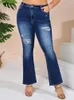 Kvinnors jeans denimcolab 2024 Plus Size Strecth Fashion Ripped High midje denim Boot Cut Pants Ladies Streetwear Hole