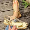 Casual Shoes Ladies Large Size 43 Gold Thong Sandals For Women 2024 Summer T-starp Buckle Rhinestone Women's Zapatos