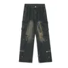 Men's Jeans Fashion Oversized Hip Hop Pants Loose Fit Cargo Denim Trousers With Multi Pockets Baggy Skateboard Bottoms