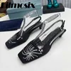 Dress Shoes 2024 Runway Rhinestone Rivet Square Toe Women Shallow Back Strap Triangle Heel Closed Sandals