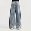 Herrbyxor högkvalitativa män rippade jeans vintage blå bred ben denim sidoknapp lapptäcke hip hop spring streetwear baggy byxor