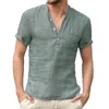 Verão Moda Algodão Linho Casual Camisetas Casual Masculino Manga Curta V-Collar Respirável Mens Tee Button-up T S-5XL 240325