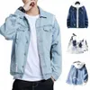 Hommes Patchwork Denim Jacket Manteau de printemps à capuche pour hommes avec couleur assortie Design à boutonnage simple Poche plaquée déchirée Lâche pour hommes Q5Zz #