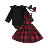 Kledingsets Baby Meisje Kerst Outfit 0 3 6 9 12 18 24 Maanden Ruche Romper Plaid Overall Rok Jurk hoofdband Kleding Set