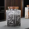 Barattoli Barattoli da tè in vetro martellato Coperchio in legno Bottiglia per la conservazione degli alimenti Serbatoio sigillato Caffè Contenitore per la conservazione del tè Barattoli e coperchi in vetro Barattolo di vetro