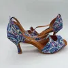 Танцевальная обувь Evkoodance, высота каблука 7 см, атласная латинская обувь, размер US4-12, женская с цветочным принтом из искусственной кожи, профессиональная Evkoo-612