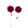 Dangle Earrings Retro Classic Red Rose Drop for Women Perl Pendant Shiny Rhinestone Long Tassel Opring Girls Party Party Jewelry