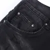 Offamiri Trendy Brand Black Bull Washed and Worn Out Patchwork Mx1 Elastic Slim Fit Jeans for Mens High Street