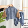 Herbst-Kinderset für 06-jährige Jungen, modisches farbiges Denim-Langarm-Zweiteiler, hübscher Säugling 240313