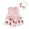 Kläder sätter baby flicka sommarkläder är ärmlöst jordgubbe tryck båge romper klänning med pannband 2 stycken inställd för spädbarn 0-18 månader