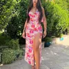 Casual Dresses European And American Style Women's Clothing 2024 Summer Digital Print V-neck Strap With Mid Length Slit Sexy Dress