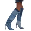 2023 Donna Donna Vera pelle Tacchi alti Saccheggio con punta Bottone Cowboy Stivali lunghi Matrimonio Denim Jeans Abito Gladiatore Casual Le tasche della passerella Piega le scarpe taglia 34-43