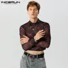 Incerun-camisetas estampadas de cuello alto para hombre ، ropa de calle de manga larga ، tops cortos ، camisetas s transplentes a la moda ، j0HW#