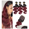 Human Hair Wefts With Closure Brazilian Virgin 1B99J Body Wave 3 Bundles 4X4 Lace 4 Pieceslot 1B 99J Drop Delivery Products Extensions Dhscr