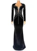 Elegant Diamonds Velvet Long Party Dress for Women Sexy Deep V Evening Gown Formal Black Slim Robe 240327