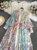 Robes décontractées de base 2024 Fashion Bohemain Flower Maxi Robe Womens Stand Long Lantern Single Pinted Floral Print Lace Up LOO OTPF8