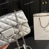 All Silver Shiny Leather Ladies Designer Shoulder Bag Classic Flap Two Size Silver Ball Adjustable Chain Quilted Diamond Luxury Wallet Cross Body Handbag 20x14cm