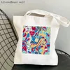 أكياس التسوق Women Shopper Bag Life Blue مطبوعة Kawaii Harajuku Canvas Girl حقيبة يد حقيبة كتف كتف