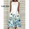 Zomer Oneck Bloemenprint Lange Dres Casual Knielengte Mouwloos Vest Rok Dame Elegante Losse Feestjurk 5Xl 240322