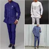 Ternos masculinos para casamento, gola xadrez, camisa de manga comprida, calças, negócios étnicos africanos, conjuntos de 2 peças, roupas masculinas, roupas 240313